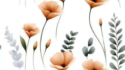 Floral Pattern with Orange Flowers and Green Leaves on White Background Delicate Botanical Arrangement