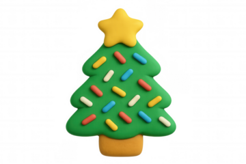 Green christmas tree cookie with colorful sprinkles and yellow star on top, holiday baking treat