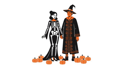 Halloween couple standing in front of pumpkin: A festive Halloween illustration features a couple dressed in Halloween costume and standing proudly in front of a pile of orange pumpkins.