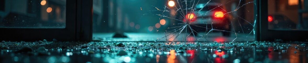 A shattered window, broken glass scattered on the ground, symbolizing the aftermath of a violent crime scene The image evokes feelings of destruction and insecurity , crime, wreck