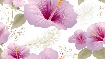 Seamless Floral Pattern with Light Purple Hibiscus Flowers and Gold Leaf Accents on a White Background