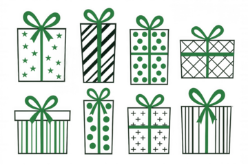 Green gift boxes with ribbons, celebrating christmas, holidays, birthdays, or special occasions, transparent background