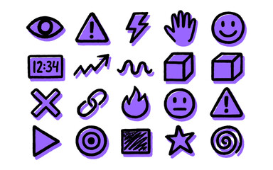 Purple mixed icons of warning signs, target, arrows, clock, star, link, box, emoji and abstract symbols.