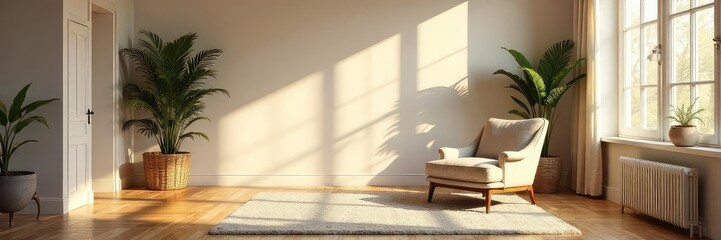 A single armchair sits in a spacious family room, bathed in soft sunlight streaming through a large window  The room is minimally decorated, emphasizing comfort and relaxation , quiet, living room