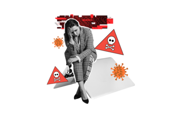 Composite photo collage of upset stressed businesswoman sit break macbook device hacked problem skull virus isolated on painted background