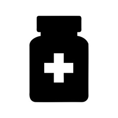 Black pill bottle with a white plus sign representing medical field