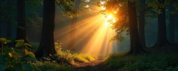 A single, bright sunbeam pierces through dense forest canopy, illuminating dust motes dancing in the air A magical, ethereal scene of nature's light show , magical, ecology