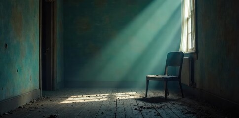 A single, broken chair sits alone in a dimly lit room, suggesting a recent act of isolated aggression The overall mood is one of desolation and aftermath , chair, solitude, unsettling