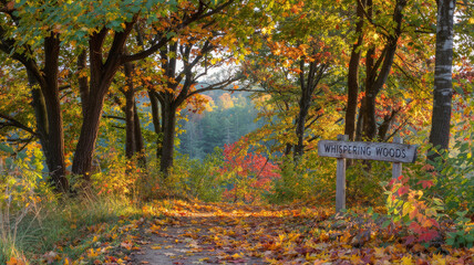 A scenic path through the woods, adorned with autumn leaves, leads to a sign for electric forest