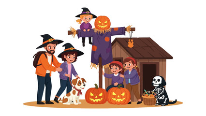Halloween Harvest: A Family's Spooktacular Celebration. The scene showcases a joyful family gathering in front of a charming Halloween harvest setting, complete with pumpkins, a scarecrow.