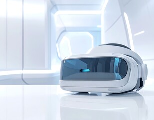 VR Headset on Stand Virtual reality headset displayed on the wall of a futuristic office