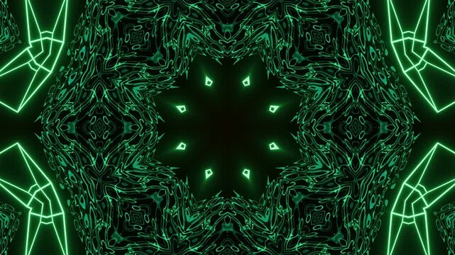 Acid kaleidoscope mandala neon abstract background with glowing octagonal symmetry, luminous fractal visuals evolving into radiant futuristic motion formations