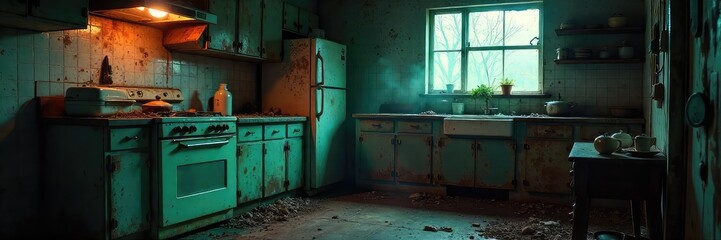 A sinister kitchen scene, featuring decaying food, rusty appliances, and unsettling shadows  The overall mood is dark, creepy, and unnervingly ominous ,  filth,  nightmare