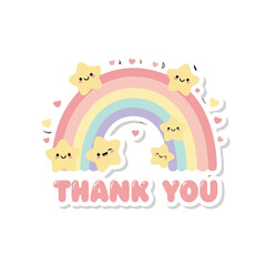 Cute cartoon rainbow with smiling stars and the text thank you, , perfect for expressing gratitude and appreciation in cheerful and whimsical way, suitable for cards, decorations, and digital designs