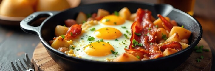 A sizzling skillet of brunch favorites, eggs, bacon, sausage, and potatoes, ready to be served  Perfect for a lazy weekend morning , table, greasy, hot