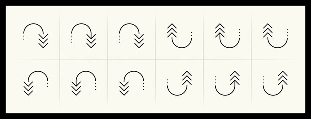 Outline circular and curved arrow icon set. Direction, navigation, downward, reload, clockwise, turn down, turn left, upward and more.