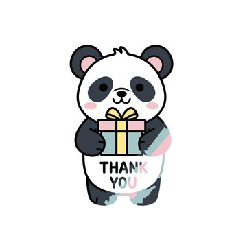 Charming cartoon panda holding gift box and thank you text, , delightful way to express gratitude and send warm wishes with cute animal character