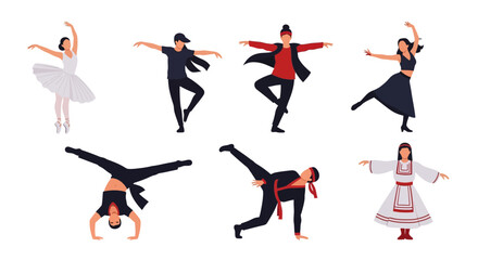Illustration of seven people performing various dance styles, including ballet, hip-hop, breakdancing, and traditional folk dance, against a white background.