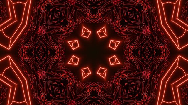 Abstract neon acid background glowing with kaleidoscope mandala octagonal fractals, luminous futuristic symmetry forming radiant geometric patterns in motion