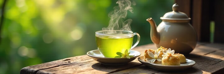 A steaming cup of jasmine green tea, delicate jasmine blossoms visible, sits on a rustic wooden table next to a teapot and a small plate of tea cakes, bathed in soft sunlight ,  spring,  sunlight