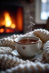 A steaming cup of tea on a cozy knitted blanket, next to a lit fireplace, perfect for a relaxing winter evening Enjoy the warmth and tranquility , cup, interior, still life