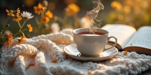 A steaming cup of tea rests on a cozy knit blanket, surrounded by delicate wildflowers and a book, creating a scene of pure tranquility and blissful relaxation , hot beverage, wildflowers, natural