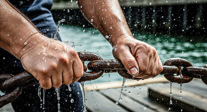 A dock worker's hands pulling a heavy, rusty anchor chain an action shot of manual labor and the maritime industry with copy space