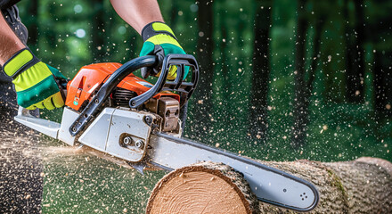 A lumberjack's hands operating a chainsaw to cut a large log an action shot of the forestry industry with wood chips flying and copy space