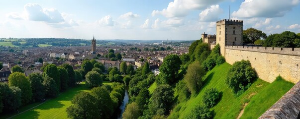 A stunning panoramic view of York's historic city walls, overlooking the lush green landscape and ancient architecture Perfect for travel, tourism, and historical context , scenic, walls, england