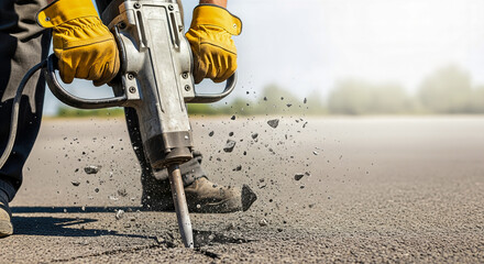 A road worker's hands using a jackhammer to break asphalt an action shot of road construction and heavy machinery with copy space