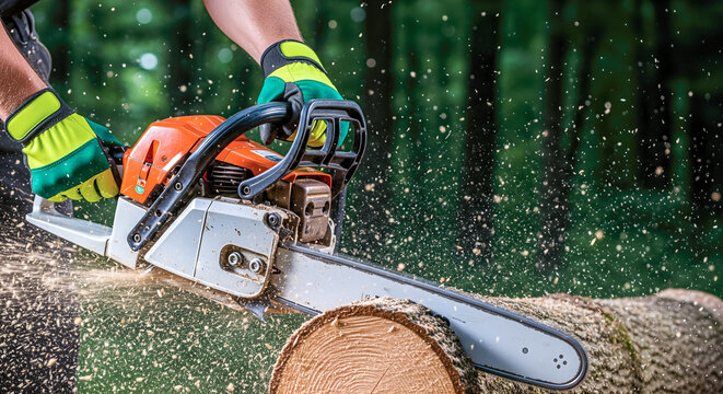 A lumberjack's hands operating a chainsaw to cut a large log an action shot of the forestry industry with wood chips flying and copy space - Powered by Adobe