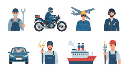 A collection of illustrated figures representing various professions and modes of transportation.