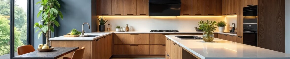 A stylish and functional kitchen design featuring sleek cabinetry, modern appliances, and ample counter space, ready for culinary creativity , faucet, countertops, utensils