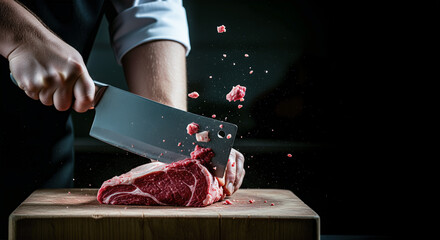 A butcher's hands bringing down a heavy meat cleaver on a piece of beef an action shot of the food industry and traditional craft with copy space