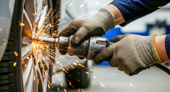 An auto mechanic's hands using an impact wrench on a car wheel an action shot of a tire change service with sparks flying and copy space