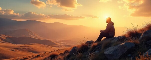 A solitary figure sits on a windswept hilltop, gazing at a vast, empty landscape, conveying a profound sense of spiritual isolation and yearning for connection , stillness, longing