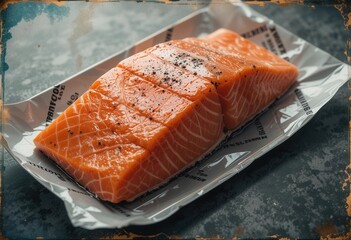 Old School Salmon Packaging   Distressed Look   High Angle Photo   Evokes Classic Charm   Timeless Appeal   Stock Photo