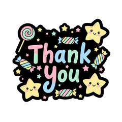 Naklejka premium Thank you text in pastel colors surrounded by cute smiling stars, candies, and sparkles on