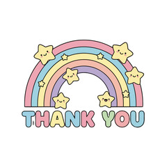Obraz premium Whimsical rainbow with smiling stars and thank you text, , cheerful design for expressing gratitude, ideal for thank you cards and celebratory messages