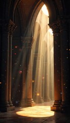A sunbeam illuminates dust motes dancing in a cathedral's ancient, ethereal light, suggesting a spiritual awakening or divine presence , quiet, spirituality, divine