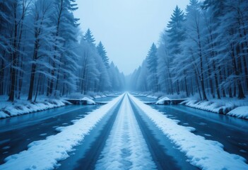 Icy Winter Path  Road Across Frozen River, Simple Design, Calm Visual