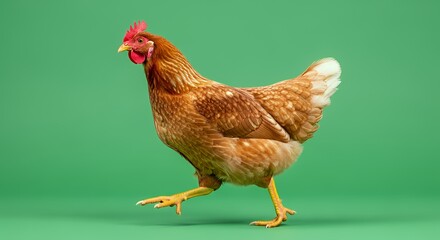 Brown Chicken Standing on Green Background with Natural Lighting