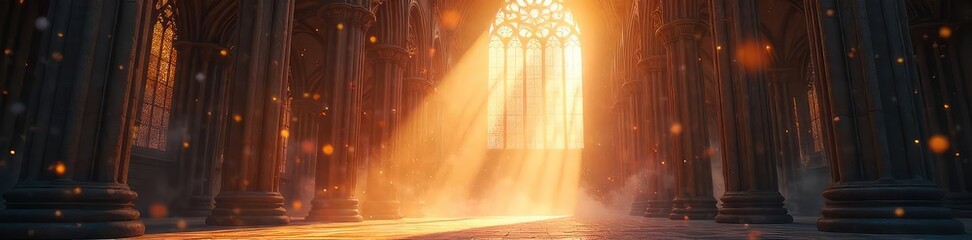 A sunbeam illuminates dust motes dancing in a cathedral's ethereal light, suggesting a spiritual awakening through vision ,  introspection,  stillness