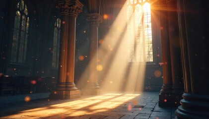 A sunbeam illuminates dust motes dancing in a cathedral's ethereal light, symbolizing spiritual enlightenment and the unseen world revealed through faith , cathedral, celestial, architecture