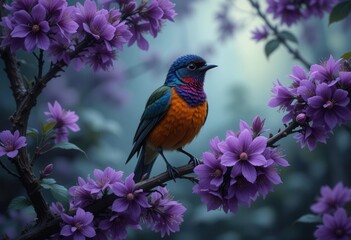 A dark academia themed illustration of a colorful bird on a branch heavy with deep purple blossoms.