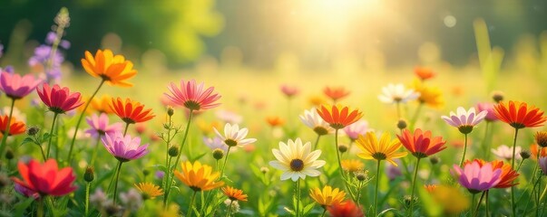 A sun-drenched field of vibrant wildflowers swaying gently in a summer breeze, embodying carefree joy and the simple pleasures of nature's beauty ,  freedom,  blossom