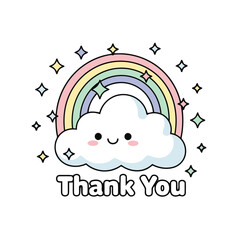 Fototapeta premium Adorable smiling cloud with pastel rainbow and sparkling stars, with the text thank you below