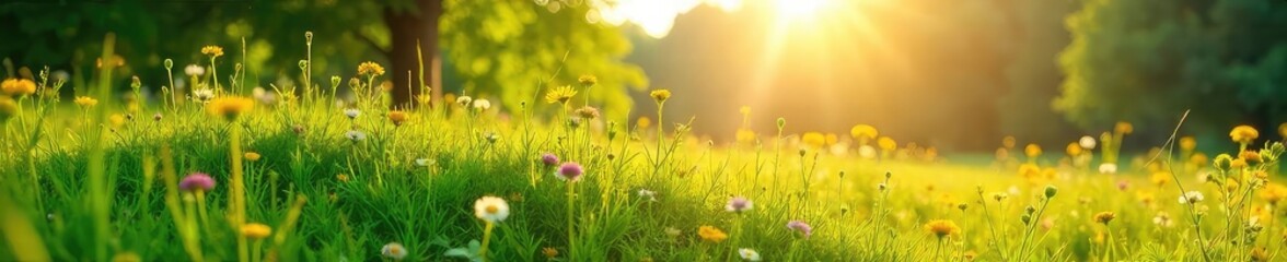 A sun-drenched grassy mound, wildflowers blooming, perfect summer day Lush green vegetation, idyllic summer scene, peaceful landscape, warm sunlight , rural, idyllic