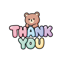 Fototapeta premium Adorable cartoon brown bear character peeking over colorful pastel thank you balloon letters
