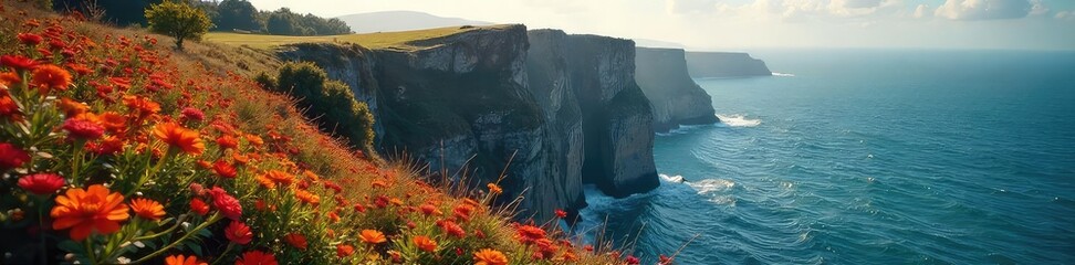 A sun-drenched landscape hides unseen peril; vibrant flowers bloom near a cliff edge, presenting a deceptive sense of idyllic beauty and lurking danger ,  idyllic, sun,  beautiful